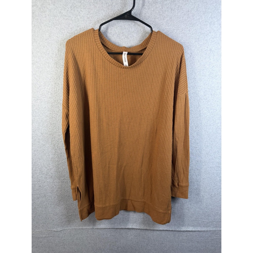 Zenana Outfitters Tunic Top Womens Large Brown Waffle Knit Long Sleeve Casual